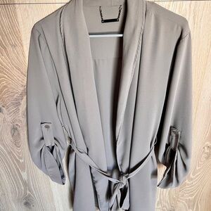 Gray/Tan Belted Long Sleeve Cardigan